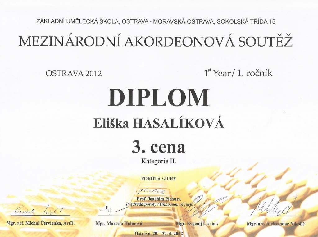 Diplom mezinárodní soutěž akordeonová v Ostravě 2012